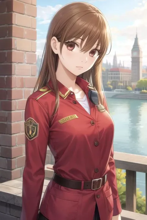 masterpiece, best quality, photorealistic, 1girl, solo, looking at viewer, upper body, , <lora:chihaya_ayase:0.70>, chihaya_ayase, brown hair, brown eyes, , firefighter costume, The Tower of Destiny, High definition