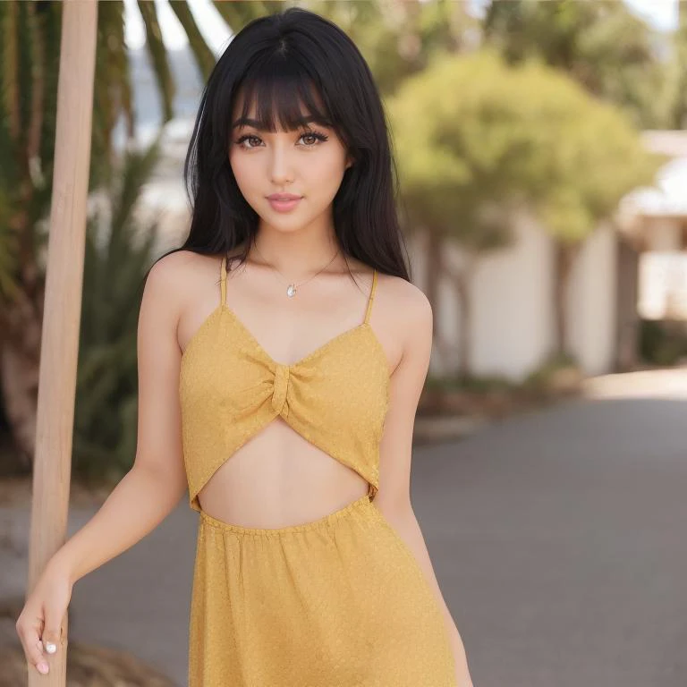 a close up of a woman in a yellow dress standing on a street