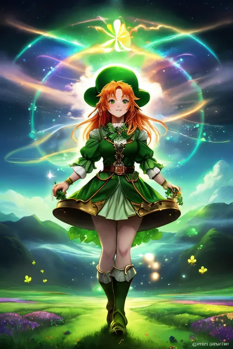 anime artwork ethereal fantasy concept art of happy ginger female (leprechaun:1.2), (pot of gold:1.1), meadow, rainbow, four-leaf clover, shamrock, full body shot . magnificent, celestial, ethereal, painterly, epic, majestic, magical, fantasy art, cover ar...