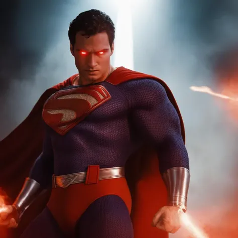 cinematic film still of  <lora:Superman v3:1>
high angle from above, Kal-El, Kryptonian, Man of Steel, Superman a man in a red suit unleashing massive blasts of red "heat vision" through the eyes, in focused beams of heat,,solo,1boy,male focus,muscular,rea...