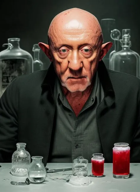 <lora:mikeet:1> (fantasy:1.3), airbrush painting, (alchemist mixing potions:1.3), pointy wizard hat, magic, potions, (Jonathan Banks as Mike Ehrmantraut as alchemist:1.3), (wizard robes:1.2), Breaking Bad, (highly detailed:1.3), (intense color:1.1), (beaut...