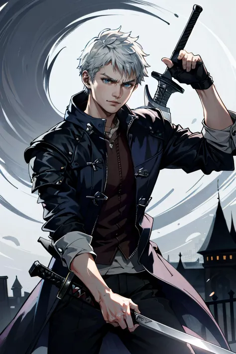 ((ultra detailed, masterpiece, absurdres))
<lora:DMC5Nero:0.9>
DMC5Nero, 1boy, solo, short hair, white hair, blue eyes, Street dancer in hip-hop attire, dynamic mid-move pose, urban graffiti background, energetic lighting