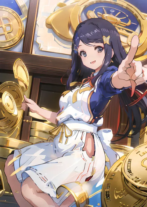 <lora:MitsuhaV1:0.95>, mitsuha, (many many gold coins:1.2), smile, dancing, hava many coins, many coins background,
maid apron,  blue butterfly hair monument, (dynamic_angle, 8k:1.2),, (ultra detailed, masterpiece:1.2), 1girl,