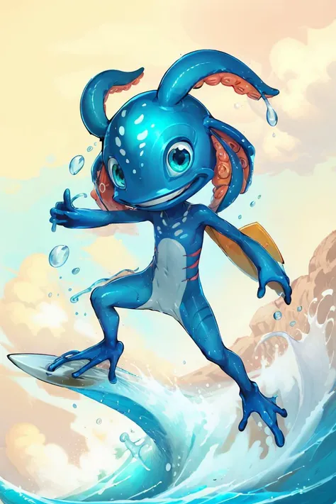 (((masterpiece, best quality))) (drawing, flat colors, anime), stunningly beautiful, highly detailed, BREAK fizz_lol, solo,full body, webbed feet, tentacle_hair, short tail, smile BREAK wet, ocean, surfing waves, red surfboard, sunset <lora:FizzLora:0.8>