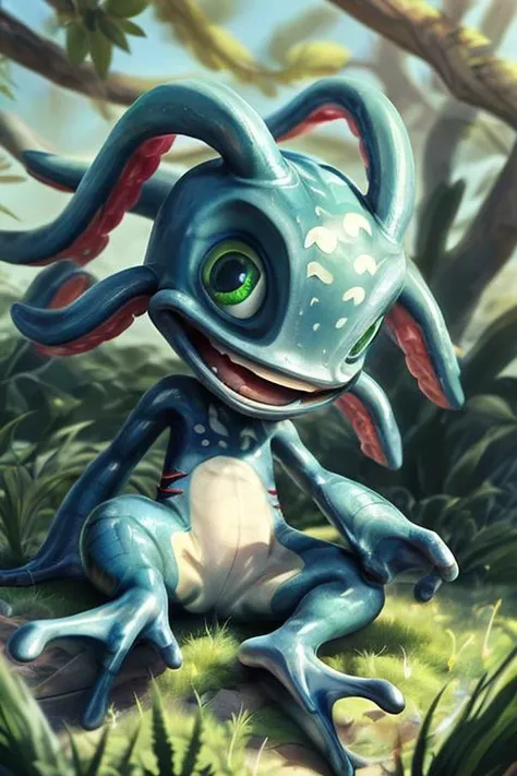 (((masterpiece, best quality))), digital painting, 8k, stunningly beautiful, highly detailed, depth of field, complex background, BREAK fizz_lol, (amphibian:0.5), solo, full body, tentacle_hair, open mouth, gills, (webbed feet:1.2), flat feet, white soles,...