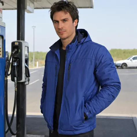 photo of 1an a man, wearing a blue jacket, at a gas station,  <lora:Ian_Somerhalder_SDXL:.9>