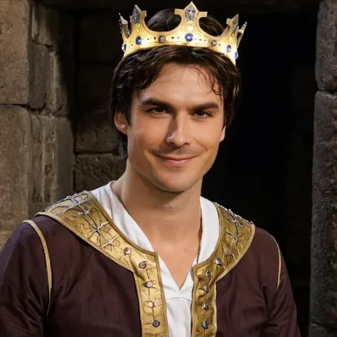 close-up photo of 1an a man, smiling, at a dungeon, dressed as a king, short brown hair,  <lora:Ian_Somerhalder_SDXL:.9>