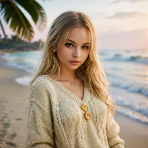 <lora:Jenny Poussin:1>, beautiful girl wearing a sweater, glamourous hair, depth of field, bokeh, morning tropical beach (masterpiece) (best quality) (detailed) (8k) (wallpaper) (cinematic lighting) (sharp focus) (intricate),