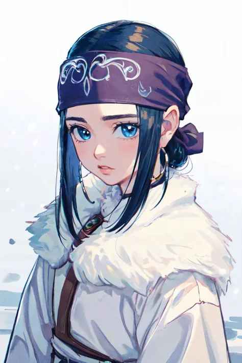 (best quality, masterpiece, RAW photo,ultra-detailed:1.2), <lyco:GoodHands-beta2:1.0>,1girl,solo,looking at viewer,ungry, 
asirpa <lyco:asirpa-000008:0.9> nature, snow,blue hairband,from above,