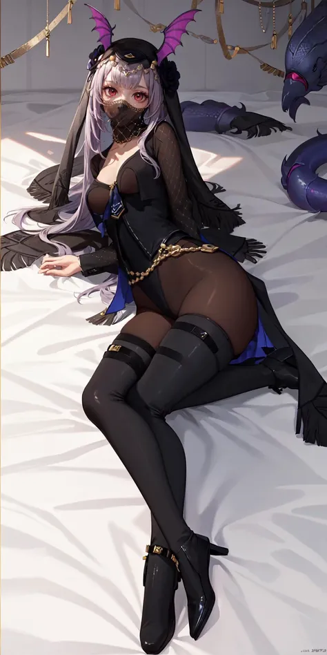 (masterpiece:1.1), (best quality:1.1), 
1girl, solo, lying on bed, full body, <lora:[LoRa] Manticore (under a veil)-cosplay Arknights Clothing (With multires noise version):1>, outfit-manticore, veil, bodystocking,