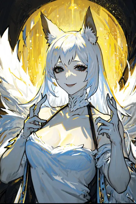 masterpiece, best quality,1girl,<lora:Mp:1>,white hair,smile,looking at viewer, 1other,fox ears,monster girl,