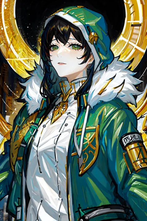 masterpiece, best quality, 1girl, <lora:Mp:1>,holding weapon,green jacket,hood,fur