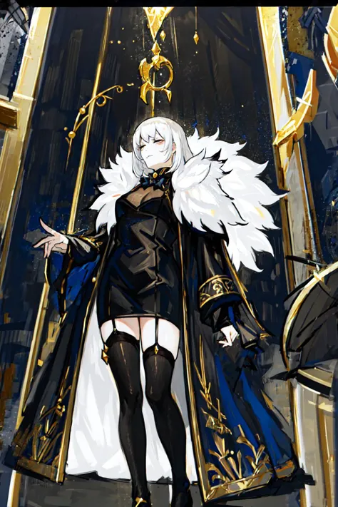 masterpiece, best quality, 1girl, <lora:Mp:1>,black dress,fur, hood,black stocking,white hair