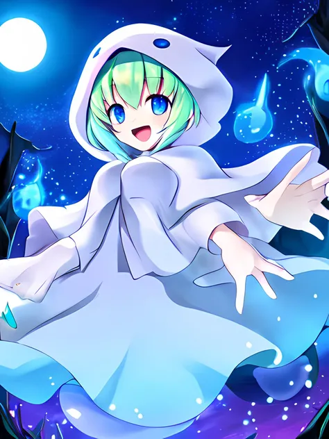 <lora:yu_puyopuyo_age:0.8> official art, unity 8k wallpaper, ultra detailed, beautiful and aesthetic, High quality, masterpiece, best quality, cinematic angle, beautiful detailed eyes, symmetrical, medium_breasts, yu_puyopuyo, ghost costume, hood, (ghost t...