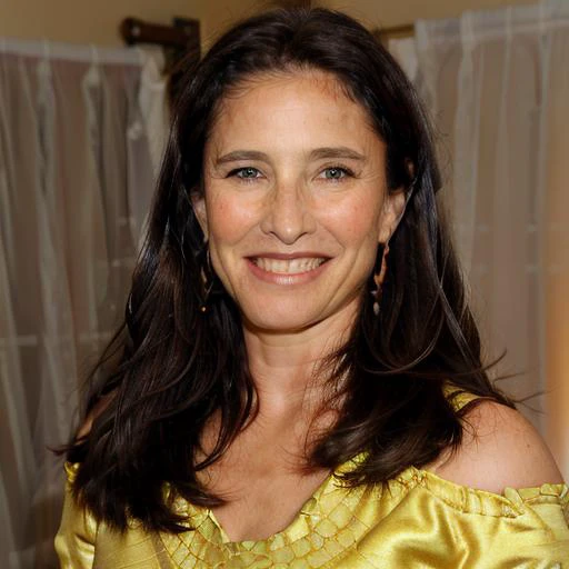 a close up of a woman in a yellow dress smiling