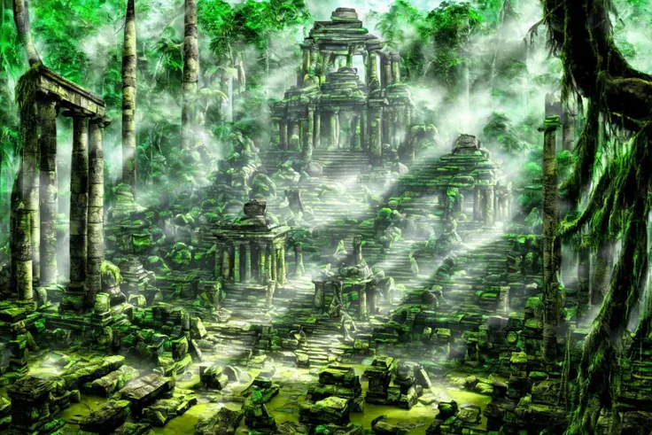 <lora:FantasyRuins:1> fanru, Amazon jungle, stone temple