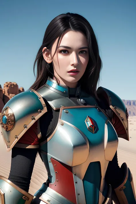 Portrait of a Space Marine woman, pronounced feminine feature, red and blue heavy armor, in the desert, detailed, cinematic composition, power armor, intricate details, eerie, highly detailed, 8k, art by artgerm and greg rutkowski and alphonse mucha, poor ...