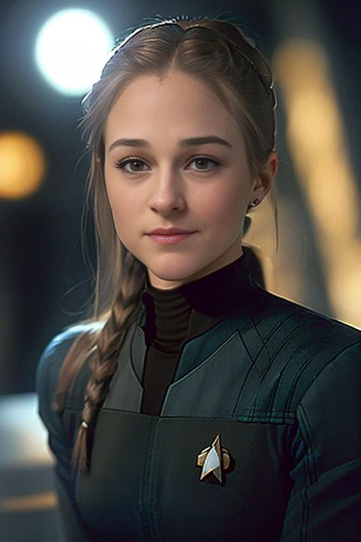 (three quarters portrait of MarileeSD15b wearing a wearing a blue strtrk uniform), on a futuristic star trek ship standing at a control panel, extremely blurry background, background out of focus, shy smile, shot from the front, ((holding a broadsword)), n...