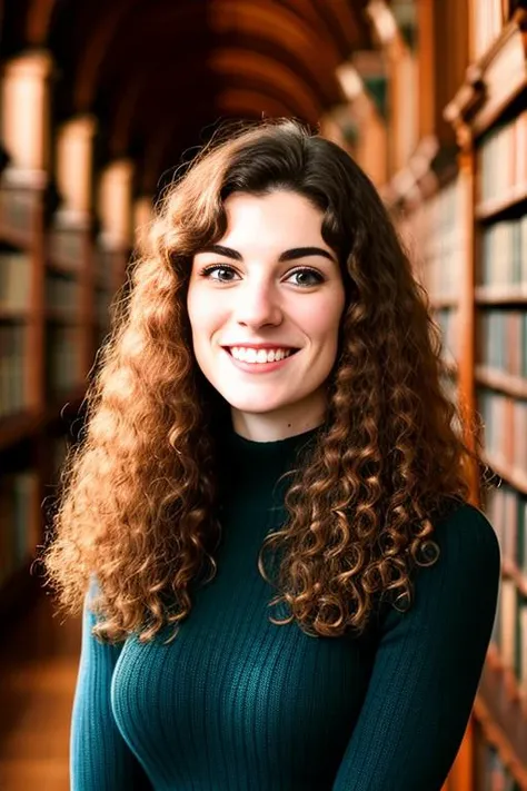 a portrait photo of jane_noexist with long curly hair in a center parting, (freckles:0.8), wearing a tight-fitting ribbed sweater, standing in Trinity College Dublin library, (smiling:1.2), (embarrassed:1.2), shallow depth of field