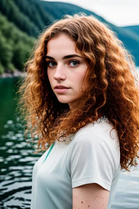 a portrait photo of jane_noexist with long curly hair in a side parting, (freckles:0.9), wild swimming in a Fjord in Sweden, (embarrassed:1.2), shallow depth of field, backlit