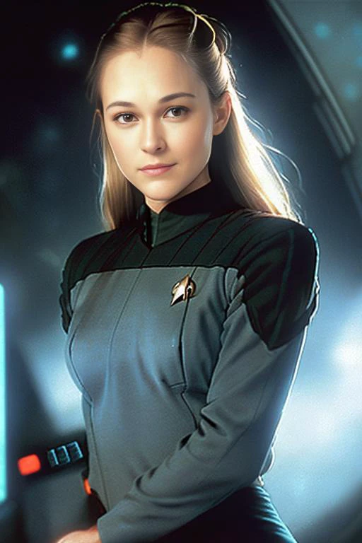 (three quarters portrait of MarileeSD15b wearing a wearing a blue strtrk uniform), on a futuristic star trek ship standing at a control panel, extremely blurry background, background out of focus, shy smile, shot from the front, ((holding a broadsword)), n...