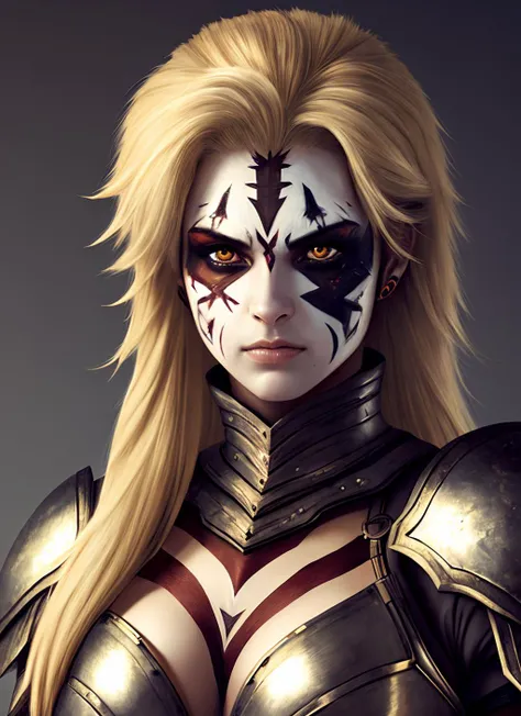 1girl, berserker, armor,mature female , eyeliner, blonde hair, long hair, muscular, facepaint  (masterpiece, high quality:1.2)