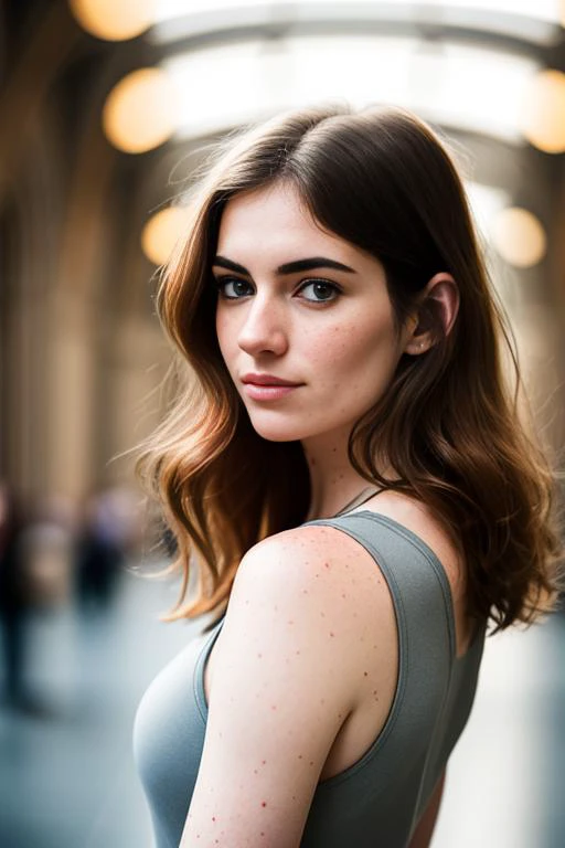 a portrait photo of jane_noexist with long hair in a side parting, (freckles:0.9), wearing a loose-fitting cotton tank top, standing in the Natural History Museum in London, (embarrassed:1.2), shallow depth of field