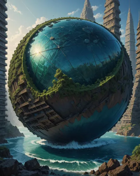 a large blue ball with a city in the background