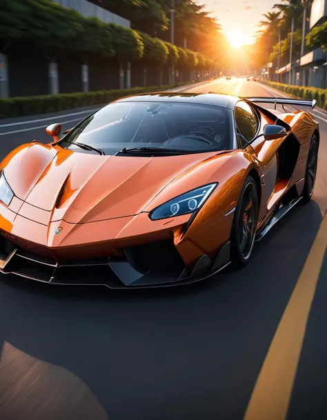 anime artwork <lora:FF.109dreamshaperXL10_alpha2Xl10.LyCORIS:1.2> photo of a supercar, 8k uhd, high quality, road, sunset, motion blur, depth blur, cinematic, filmic image 4k, 8k. Natural sunlight, vibrant color, reflections . anime style, key visual, vibr...