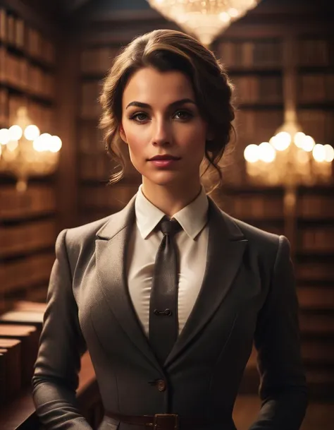 a close up of a woman in a suit and tie in a library