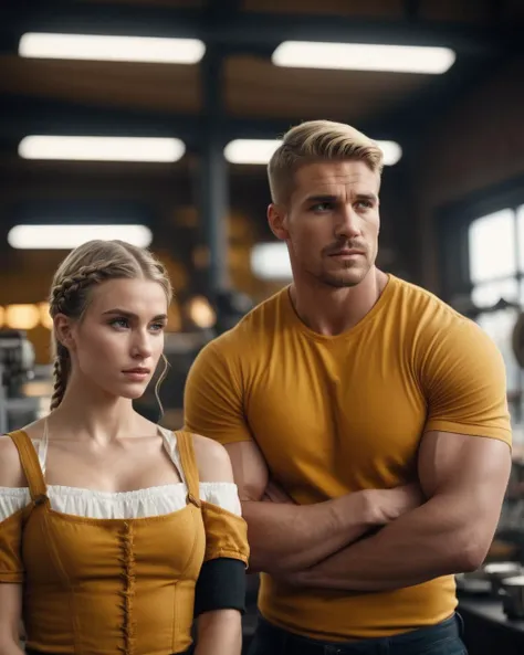 a man and woman standing next to each other in a gym