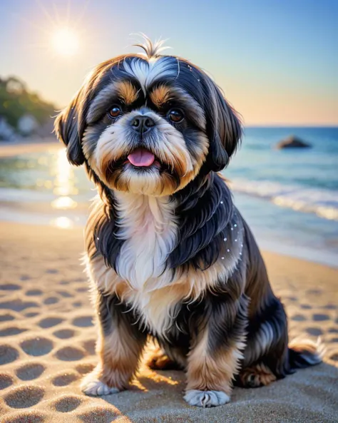 arafed dog sitting on the beach with the sun setting in the background