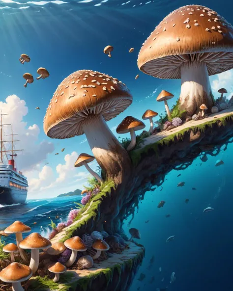 Nautical-themed over the shoulder shot of a Basic [Exoplanet:shiitake mushrooms:4], Detailed illustration, Satisfying, Afrofuturism, <lora:FF.110bluePencilXL_v080.LyCORIS:1.95> . Sea, ocean, ships, maritime, beach, marine life, highly detailed