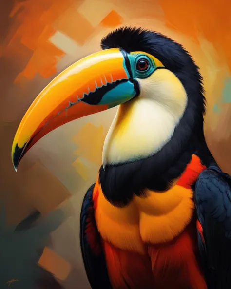 Abstract style three colors, dramatic lighting, Breathtaking Toucan with Orange robe, One Color, Awe, <lora:FF.113wowXL_v10.LyCORIS:1.95> . Non-representational, colors and shapes, expression of feelings, imaginative, highly detailed