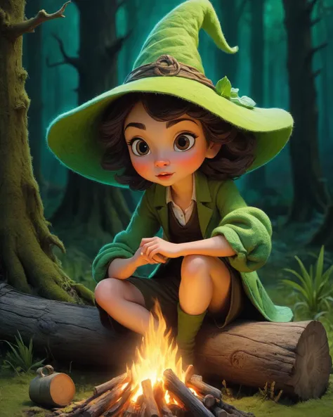 a cartoon girl in a green hat sitting next to a campfire