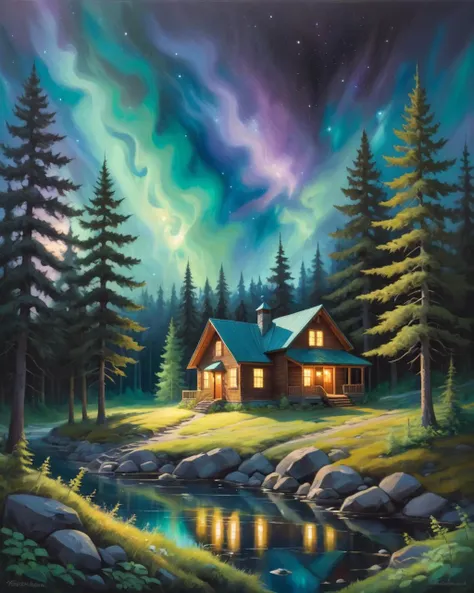 a painting of a cabin in the woods with aurora lights