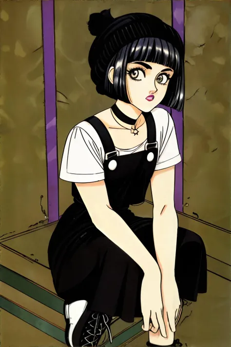 <lora:clampstyle:0.8>, 1girl, 1990s (style), retro artstyle, wearing wearing 90s fashion: black cotton sheath button-front pinafore sundress layered over a white short sleeve t-shirt, combat boots, choker necklace, dark lipstick, 1990s style shaggy haircut...