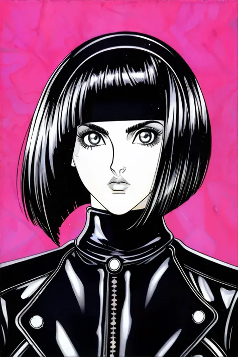 <lora:clampstyle:0.8>, 1girl, 1990s (style), retro artstyle, wearing studded leather jacket, 1990s style chin-length bob haircut with straight bangs and a thick headband || <lora:clampstyle:0.2>, retro artstyle, masterpiece, 8k, high resolution, shallow de...