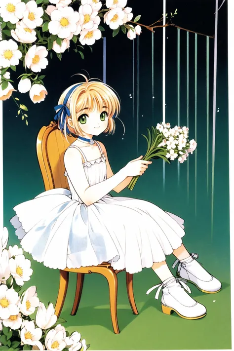 1girl, flower, kinomoto sakura, green eyes, solo, ribbon, dress, hair ribbon, holding, blue ribbon, 1990s (style), sitting, looking at viewer, antenna hair, short hair, retro artstyle, holding flower, full body, white dress, smile, bangs, blonde hair, whit...