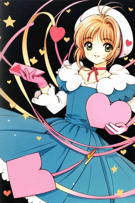 anime girl in a blue dress holding a pink heart