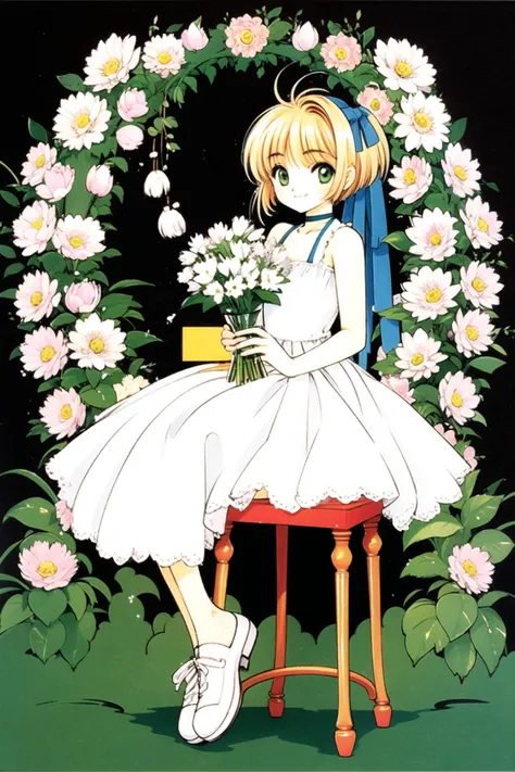 1girl, flower, kinomoto sakura, green eyes, solo, ribbon, dress, hair ribbon, blue ribbon, holding, 1990s (style), looking at viewer, sitting, antenna hair, short hair, retro artstyle, holding flower, white dress, full body, choker, bangs, blonde hair, smi...