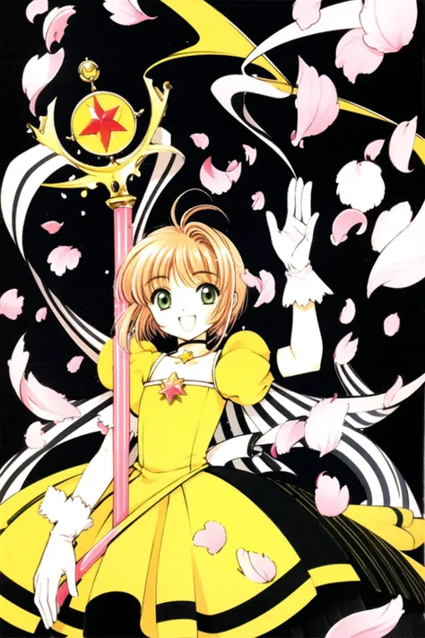 a picture of a girl in a yellow dress holding a sword