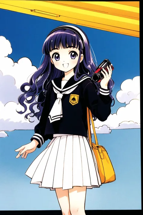 1girl, daidouji tomoyo, skirt, school uniform, white skirt, video camera, long hair, wavy hair,solo, smile, pleated skirt, tomoeda elementary school uniform, bangs, hairband,  open mouth, long sleeves, blunt bangs, cloud, 1990s (style), retro artstyle, lea...