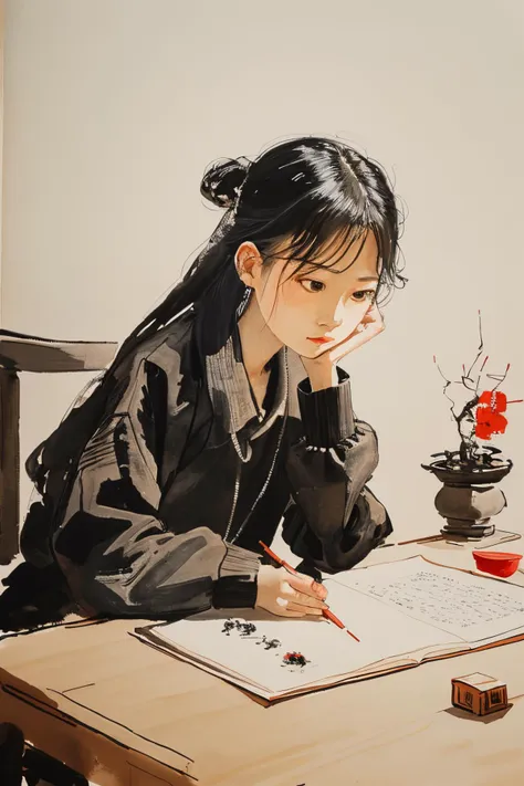 masterpiece,best quality,<lora:tbh170-:0.9>,illustration,style of Qi_Baishi, tech genius teenage girl