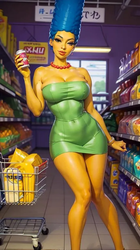 (masterpiece, best quality:1.2), <lora:marge_simpson:1>, marge simpson, 1girl, cleavage, jewelry, necklace, strapless, short dress, strapless dress, pearl necklace, afro, yellow skin, convenience store, groceries, colorful, shopping, shopping cart, looking...