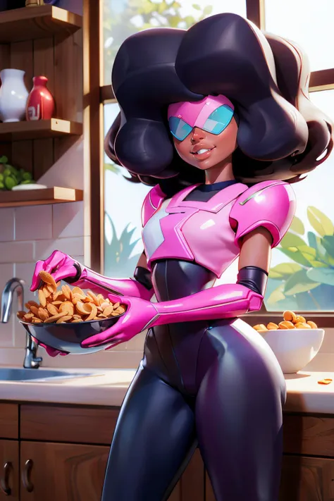 Garnet, dark skin, large retro sunglasses, afro, curly hair, chest plate, pink star on chest, elbow gloves, black and pink bodysuit, large shoulder pads, looking at viewer, smiling, teeth, standing, medium shot, inside cozy kitchen, holding bowl of cereal,...