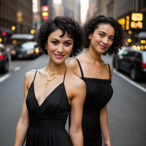 zclose-up of a single 22 years girl, (skinny:0.8), smiling, looking to the left, black short hair with large curls, cheeks,  dressed in a middle long black dress, glamorous golden necklace, standing in front of New York street,   highly detailed, moody, ep...