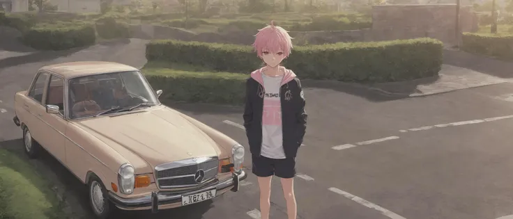 anime character standing in front of a car in a parking lot