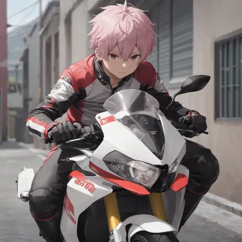 anime character sitting on a motorcycle in a city street