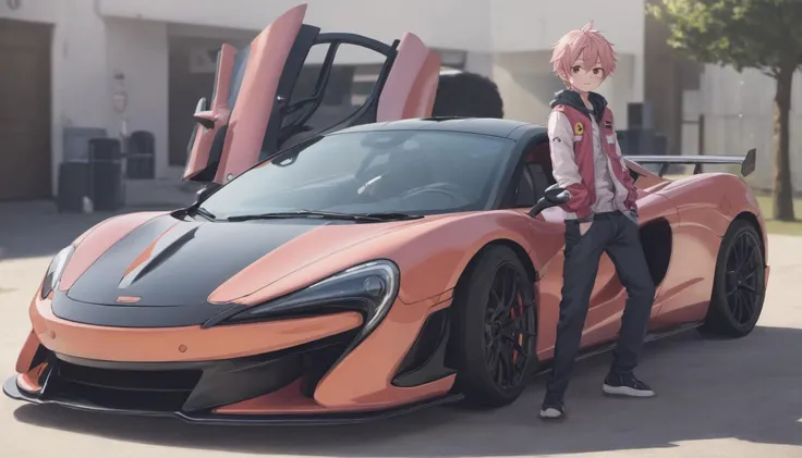 a man sitting on the hood of a car with a pink car door open